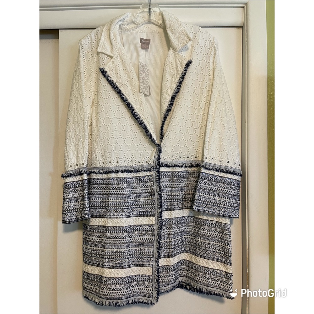 Chico’s Embellished Cotton Eyelet Jacket